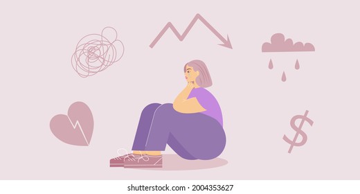 Sad girl anxiety disorder depression is sitting and crying, cloud with rain, lightning over her, broken heart, lack money. Tense girl, with a lot of problems. Vector illustration in a flat style.