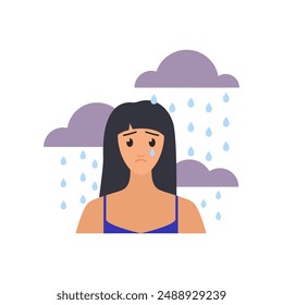 Sad girl with anxiety and stress crying, standing under rain drops vector illustration