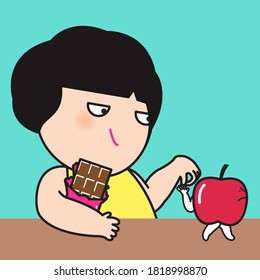 Sad Girl Apologized A Grumpy Apple Who Starts Sulking After She Choose A Chocolate Bar Concept Card Character illustration