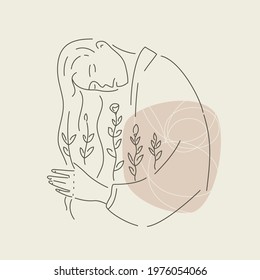 Sad girl in bad mood modern line art. Young woman lowered her head with long hair. Trendy vector outline design isolated on grey background.