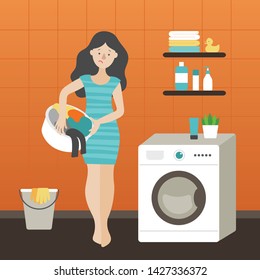 Sad Girl With A Basket Of Dirty Clothes Standing Near The Washing Machine. A Brunette In A Blue Striped Dress. Orange Walls, Bucket, Rubber Gloves, Towels, Duck. Flat Vector