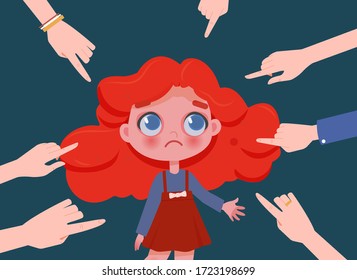 Sad girl being bullied at school, fingers pointing at her. Discrimination and bullying, stress and pressure, public censure and victim blaming.