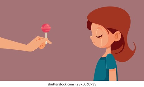 
Sad Girl Being Comforted with a Lollipop Vector Cartoon Illustration. Unhappy little child suffering from poverty 
