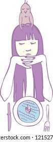 sad girl with a bird on his head thinking over the plate with a ship. vector illustration