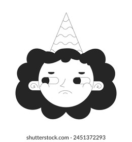 Sad girl birthday hat black and white 2D vector avatar illustration. Wavy hair young woman grumpy outline cartoon character face isolated. Upset female party cone flat user profile image, portrait