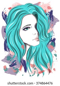 Sad girl with blue hair. Vector illustration on abstract background. Print for T-shirt