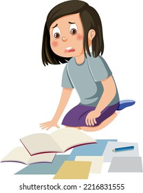 Sad girl with book and paper on the ground illustration