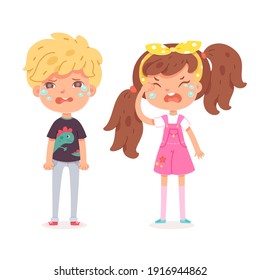 Sad girl and boy crying covering his face with hands. Isolated persons on white background. Vector character illustration of children gestures, emotions, types of moods