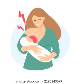 A sad girl is breastfeeding a baby and is experiencing pain in the mammary gland.	
