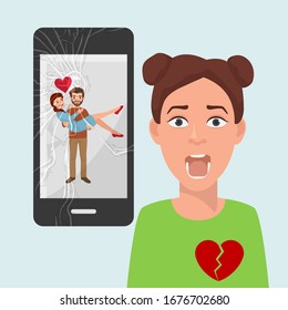 Sad girl with broken heart because of boyfriends photo with another woman on social media vector illustration. Beloved man holds rival in his arms, happy couple image on broken smartphone screen.