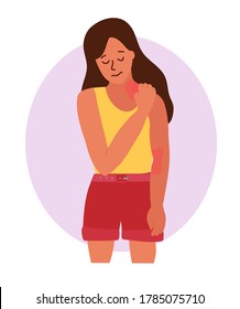 Sad girl with brown hair scratches the skin on her neck with her nails. Eczema, allergies, atopic dermatitis, dry skin. Skin problems Redness and itching. Cartoon hand drawn vector illustration