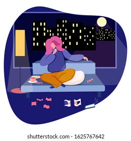 Sad girl cartoon. A girl in depression, sadness eats cookies and candy, her boyfriend left her, is worried, does not answer phone calls.  Vector illustration.