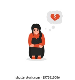 Sad girl character sitting on the floor, bad emotions, broken heart, unhappy love. Flat vector illustration design.