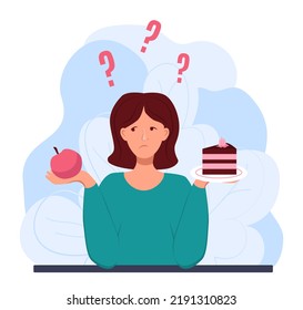 Sad girl chooses between an apple and a piece of cake. Healthy lifestyle, diet. Vector Illustration in a flat style