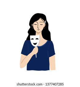 Sad  girl covering her face with masks. Depression. Vector illustration