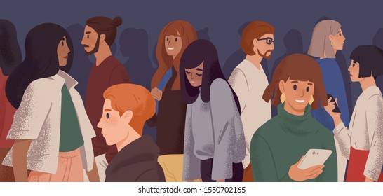 Sad girl in crowd flat vector illustration. Emotional burnout, depression and fatigue concept. Young overworked woman feeling exhausted cartoon character. Psychological disorder, apathy idea