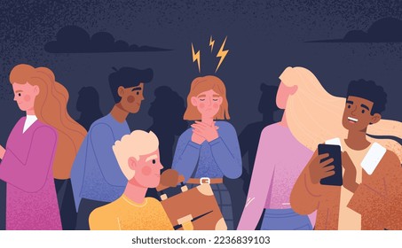 Sad girl in crowd. Woman holds hands on her chest and looks down. Depression and frustration, loneliness. Psychological problems and mental health, panic and stress. Cartoon flat vector illustration