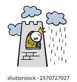 Sad girl with a crown sits in a high tower and looks at the rain. Vector illustration of a princess and bad weather. Depression and apathy. Funny female stickman character on white background.