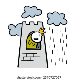 Sad girl with a crown sits in a high tower and looks at the rain. Vector illustration of a princess and bad weather. Depression and apathy. Funny female stickman character on white background.