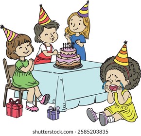 Sad Girl Crying at a Birthday Party While Other Children Celebrate - Emotional Childhood Scene