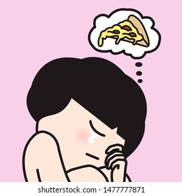 Sad Girl Crying Cause Thinking Of Pizza Concept Card Character illustration