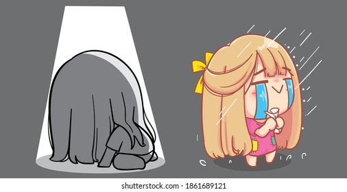 Sad girl crying disappointed cartoon set illustration Premium Vector