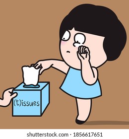 Sad Girl Crying And Getting Tissue From Box With Word Issues On It To Wipe Her Tears Concept Card Character illustration