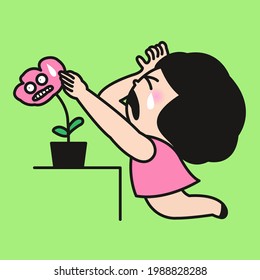 Sad Girl is Crying To The Nervous Flower. The Intimate Relationship Of Plants And People Concept Card Character illustration