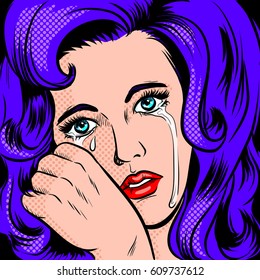 Sad girl crying pop art retro vector illustration. Comic book style imitation.