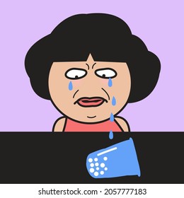 Sad Girl is Crying With Tear Drop In Shape Of Bubble Milk Tea On Table. Girl Really Miss Bubble Milk Tea Concept Card Character illustration