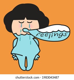 Sad Girl Crying With Tears In Her Body And Speech Bubble Concept Card Character illustration