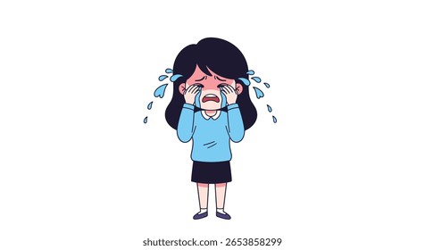 Uma menina triste chorando lágrimas de tristeza com água salpicando de seus olhos em um estilo de ilustração simples