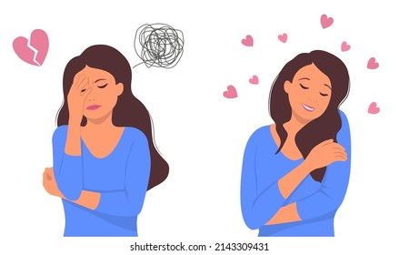 A sad girl depressed and heartbroken, and a happy woman embracing herself.Vector cartoon illustration.