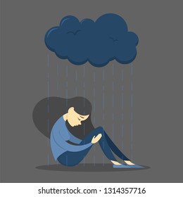 Sad girl in depression . Woman in sadness. Grief and loneliness, mental disorder. Rainy cloud above young female who embrace her legs.