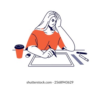 Sad girl drawing difficult draft, architecture exercise on paper sheet at the desk. Upset student studies, learning, does homework. Flat isolated contour vector illustration on white background