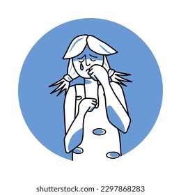 Sad girl with emotion of melancholy, facial expression with gestures. Teenager in sadness, ponytail haircut, expressing her melancholy feelings. Blue vector circle icon.