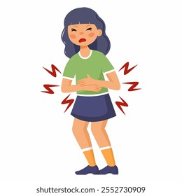 Una niña triste está experimentando un dolor abdominal agudo. Síntomas de infección intestinal o intoxicación alimentaria en niños. Problemas digestivos. Hinchazón y gastritis. Ilustración vectorial sobre fondo blanco.