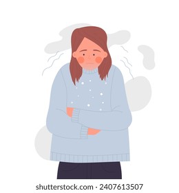 Sad girl feeling cold temperature. Shivering young girl, feeling hypothermia cartoon vector illustration