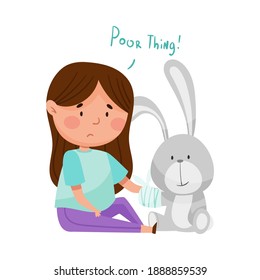 Sad Girl Feeling Pity about Fluffy Hare Toy with Bandaged Paw Vector Illustration