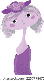 A sad girl with a flower on her head.  Vector file for designs.