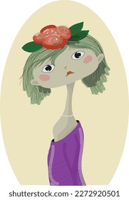 A sad girl with a flower on her head. Vector file for designs.