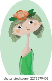 A sad girl with a flower on her head. Vector file for designs.