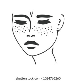 Sad girl with freckles sketch. Simple hand drawing. Vector illustration.