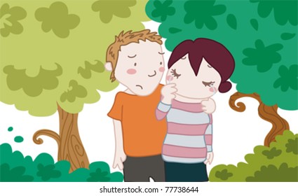 A sad girl with a friend or boyfriend in a park