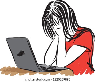 SAD GIRL IN FRONT OF LAPTOP VECTOR ILLUSTRATION