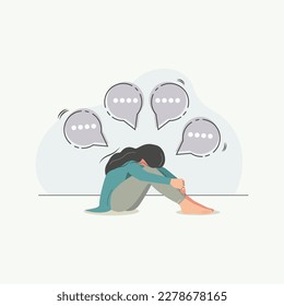 Sad girl full of sorrow with speech bubbles vector illustration