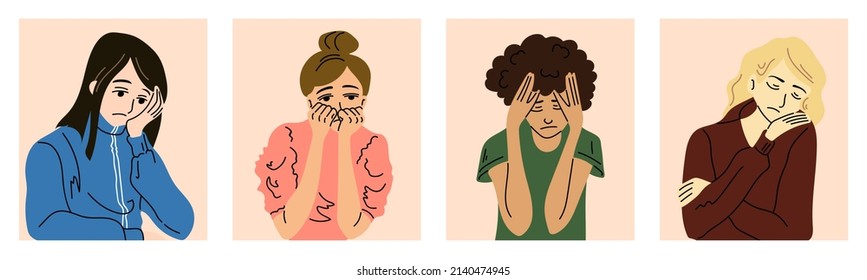 Sad girl. Girls feel grief, despair, sadness. Multinational characters. Set of vector illustrations.