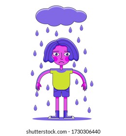 Una chica triste quedó atrapada en la lluvia y se mojó todo. Ella tiene el pelo corto morado, vestido con una camiseta y pantalones cortos. Ilustración vectorial sobre fondo blanco