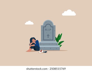 Uma garota triste no cemitério. Homem infeliz. Estresse e falha. Ilustração vetorial moderna em estilo plano