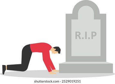 Chica triste de duelo en el cementerio. Infeliz humano. Estrés y fracaso. Ilustración vectorial moderna en estilo plano

